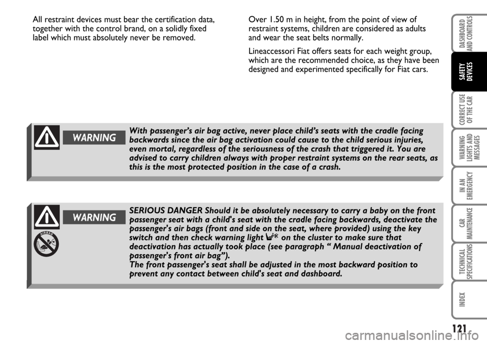 FIAT MULTIPLA 2006 1.G Owners Manual 121
CORRECT USE
OF THE CAR
WARNING
LIGHTS AND
MESSAGES
IN AN
EMERGENCY
CAR
MAINTENANCE
TECHNICAL
SPECIFICATIONS
INDEX
DASHBOARD
AND CONTROLS
SAFETY
DEVICES
All restraint devices must bear the certific