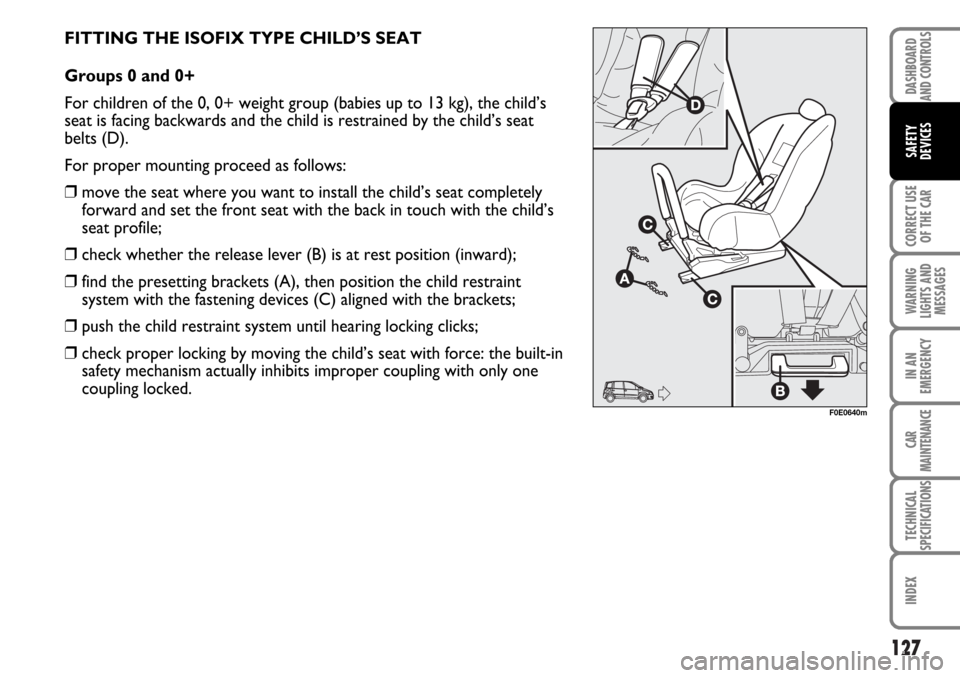 FIAT MULTIPLA 2006 1.G Owners Manual 127
CORRECT USE
OF THE CAR
WARNING
LIGHTS AND
MESSAGES
IN AN
EMERGENCY
CAR
MAINTENANCE
TECHNICAL
SPECIFICATIONS
INDEX
DASHBOARD
AND CONTROLS
SAFETY
DEVICES
FITTING THE ISOFIX TYPE CHILD’S SEAT
Group