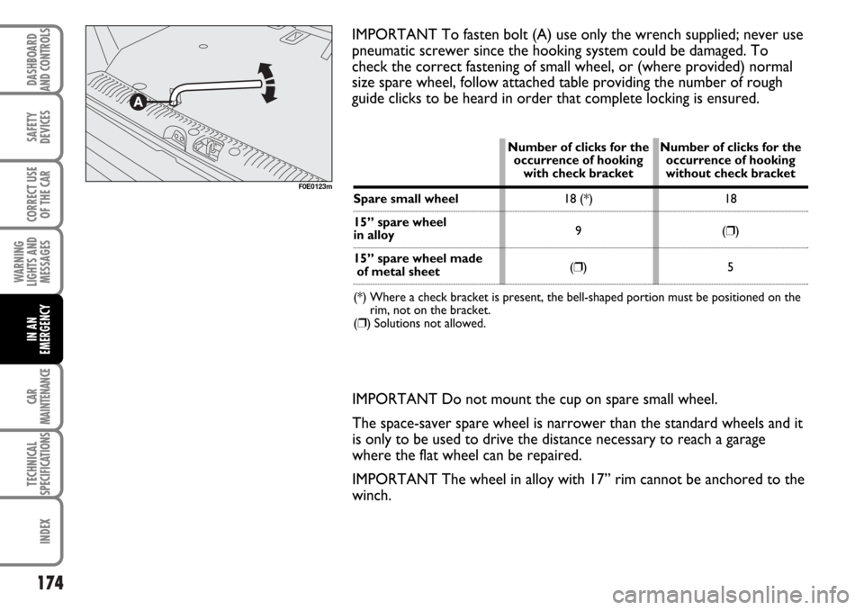 FIAT MULTIPLA 2006 1.G Owners Manual 174
SAFETY
DEVICES
CORRECT USE
OF THE CAR
WARNING
LIGHTS AND
MESSAGES
CAR
MAINTENANCE
TECHNICAL
SPECIFICATIONS
INDEX
DASHBOARD
AND CONTROLS
IN AN
EMERGENCY
IMPORTANT To fasten bolt (A) use only the wr
