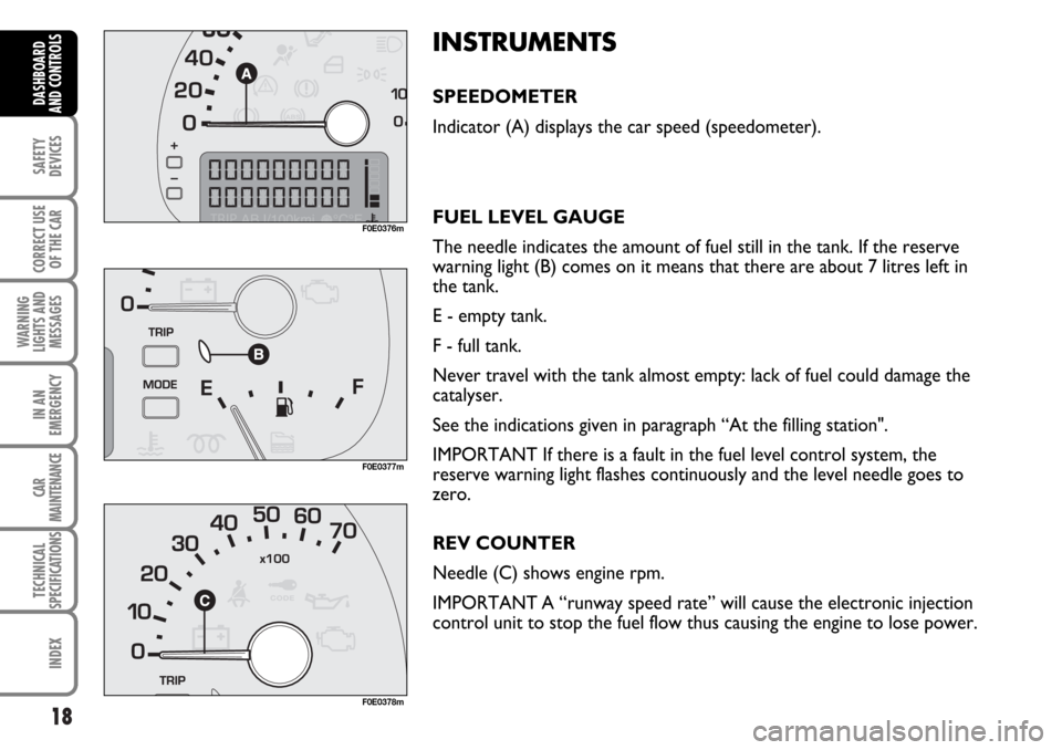 FIAT MULTIPLA 2006 1.G Owners Manual 18
SAFETY
DEVICES
CORRECT USE
OF THE CAR
WARNING
LIGHTS AND
MESSAGES
IN AN
EMERGENCY
CAR
MAINTENANCE
TECHNICAL
SPECIFICATIONS
INDEX
DASHBOARD
AND CONTROLS
F0E0376m
F0E0377m
F0E0378m
INSTRUMENTS
SPEEDO