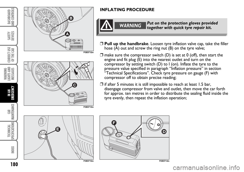 FIAT MULTIPLA 2006 1.G Owners Manual 180
SAFETY
DEVICES
CORRECT USE
OF THE CAR
WARNING
LIGHTS AND
MESSAGES
CAR
MAINTENANCE
TECHNICAL
SPECIFICATIONS
INDEX
DASHBOARD
AND CONTROLS
IN AN
EMERGENCY
INFLATING PROCEDURE
FOE0712m
FOE0713m
FOE071