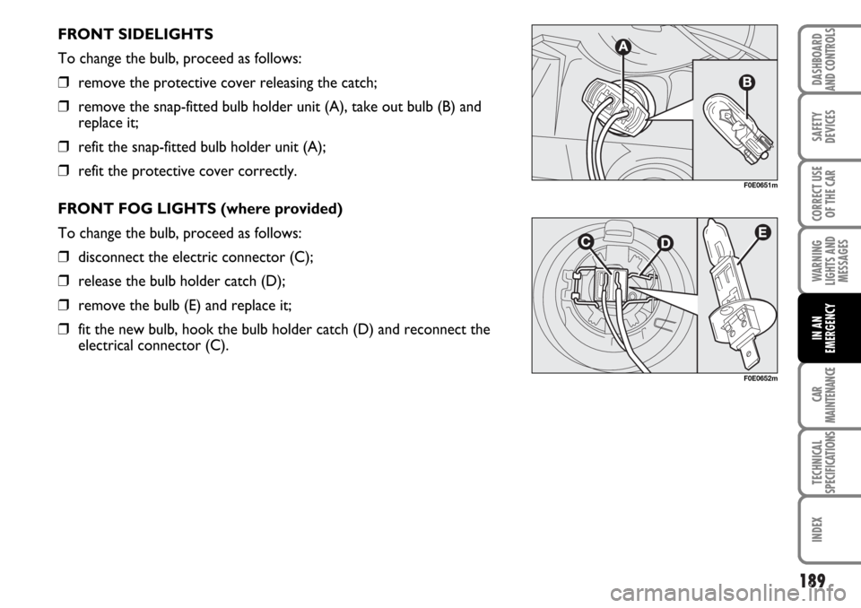 FIAT MULTIPLA 2006 1.G Owners Manual 189
SAFETY
DEVICES
CORRECT USE
OF THE CAR
WARNING
LIGHTS AND
MESSAGES
CAR
MAINTENANCE
TECHNICAL
SPECIFICATIONS
INDEX
DASHBOARD
AND CONTROLS
IN AN
EMERGENCY
FRONT SIDELIGHTS
To change the bulb, proceed