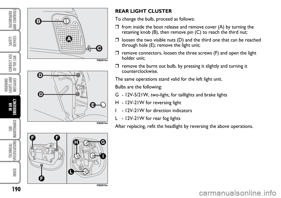 FIAT MULTIPLA 2006 1.G Owners Manual 190
SAFETY
DEVICES
CORRECT USE
OF THE CAR
WARNING
LIGHTS AND
MESSAGES
CAR
MAINTENANCE
TECHNICAL
SPECIFICATIONS
INDEX
DASHBOARD
AND CONTROLS
IN AN
EMERGENCY
REAR LIGHT CLUSTER
To change the bulb, proce