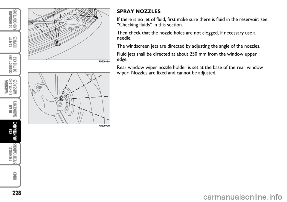FIAT MULTIPLA 2006 1.G Owners Manual 228
SAFETY
DEVICES
CORRECT USE
OF THE CAR
WARNING
LIGHTS AND
MESSAGES
IN AN
EMERGENCY
TECHNICAL
SPECIFICATIONS
INDEX
DASHBOARD
AND CONTROLS
CAR
MAINTENANCE
SPRAY NOZZLES 
If there is no jet of fluid, 