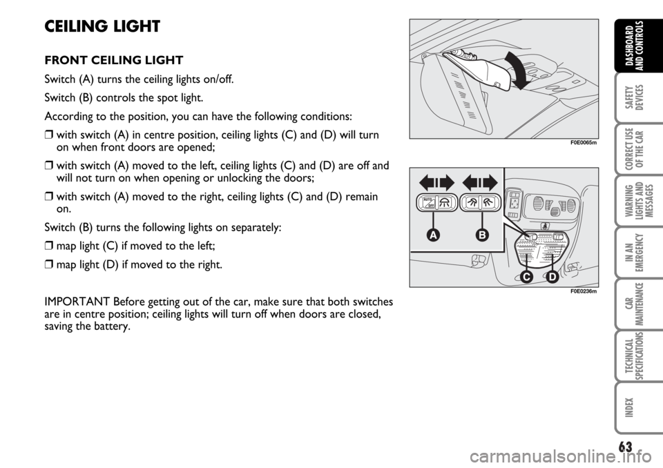FIAT MULTIPLA 2006 1.G Owners Manual 63
SAFETY
DEVICES
CORRECT USE
OF THE CAR
WARNING
LIGHTS AND
MESSAGES
IN AN
EMERGENCY
CAR
MAINTENANCE
TECHNICAL
SPECIFICATIONS
INDEX
DASHBOARD
AND CONTROLS
CEILING LIGHT
FRONT CEILING LIGHT 
Switch (A)