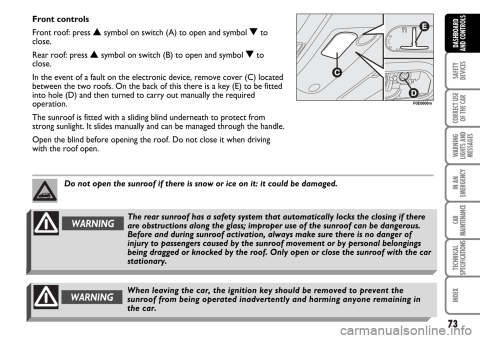 FIAT MULTIPLA 2006 1.G Manual PDF 73
SAFETY
DEVICES
CORRECT USE
OF THE CAR
WARNING
LIGHTS AND
MESSAGES
IN AN
EMERGENCY
CAR
MAINTENANCE
TECHNICAL
SPECIFICATIONS
INDEX
DASHBOARD
AND CONTROLS
Front controls
Front roof: press 
Nsymbol on 