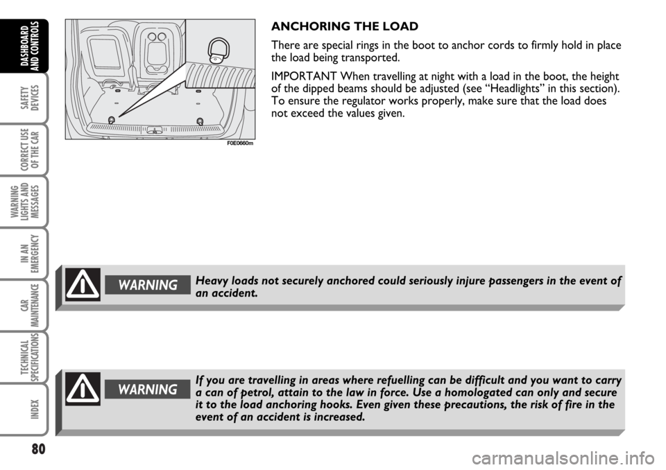 FIAT MULTIPLA 2006 1.G Owners Manual 80
SAFETY
DEVICES
CORRECT USE
OF THE CAR
WARNING
LIGHTS AND
MESSAGES
IN AN
EMERGENCY
CAR
MAINTENANCE
TECHNICAL
SPECIFICATIONS
INDEX
DASHBOARD
AND CONTROLS
ANCHORING THE LOAD 
There are special rings i