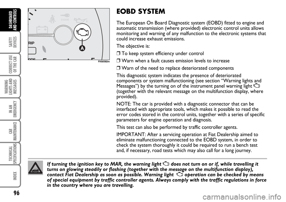 FIAT MULTIPLA 2006 1.G Owners Manual 96
SAFETY
DEVICES
CORRECT USE
OF THE CAR
WARNING
LIGHTS AND
MESSAGES
IN AN
EMERGENCY
CAR
MAINTENANCE
TECHNICAL
SPECIFICATIONS
INDEX
DASHBOARD
AND CONTROLS
EOBD SYSTEM
The European On Board Diagnostic 