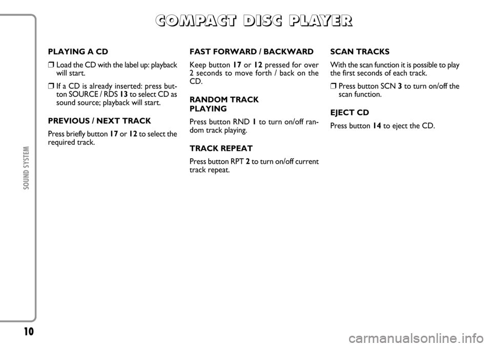 FIAT MULTIPLA 2006 1.G Radio VDO CD Manual 10SOUND SYSTEM
PLAYING A CD❒
Load the CD with the label up: playback
will start.
❒
If a CD is already inserted: press but-
ton SOURCE / RDS 13to select CD as
sound source; playback will start.
PRE FIAT MULTIPLA 2006 1.G Radio VDO CD Manual 10SOUND SYSTEM
PLAYING A CD❒
Load the CD with the label up: playback
will start.
❒
If a CD is already inserted: press but-
ton SOURCE / RDS 13to select CD as
sound source; playback will start.
PRE