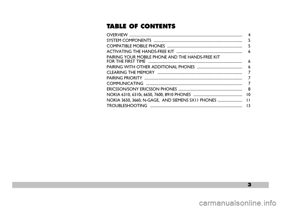 FIAT MULTIPLA 2007 1.G Bluetooth Manual 3
TABLE OF CONTENTS
OVERVIEW ........................................................................................................................ 4
SYSTEM COMPONENTS .............................. FIAT MULTIPLA 2007 1.G Bluetooth Manual 3
TABLE OF CONTENTS
OVERVIEW ........................................................................................................................ 4
SYSTEM COMPONENTS ..............................