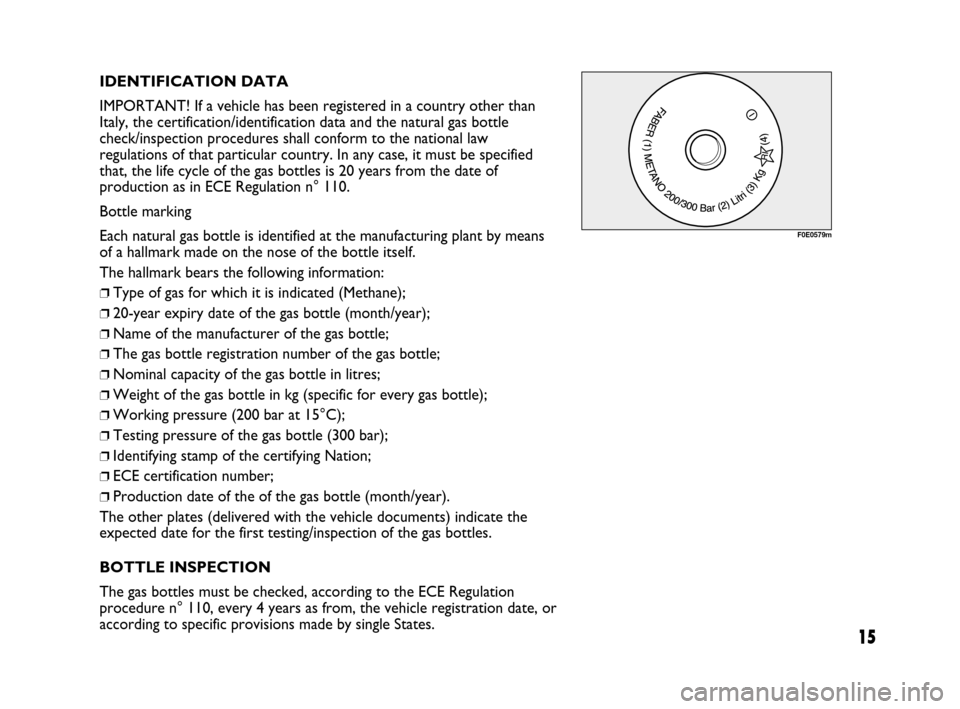 FIAT MULTIPLA 2007 1.G Natural Power Manual 15
IDENTIFICATION DATA
IMPORTANT! If a vehicle has been registered in a country other than
Italy, the certification/identification data and the natural gas bottle
check/inspection procedures shall con FIAT MULTIPLA 2007 1.G Natural Power Manual 15
IDENTIFICATION DATA
IMPORTANT! If a vehicle has been registered in a country other than
Italy, the certification/identification data and the natural gas bottle
check/inspection procedures shall con