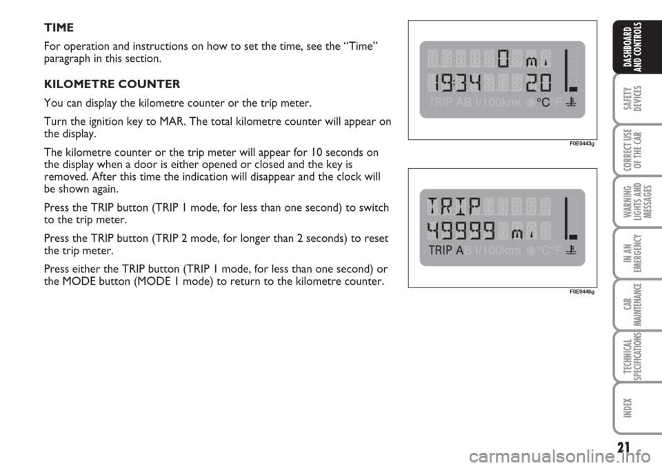 FIAT MULTIPLA 2007 1.G Owners Manual 21
SAFETY
DEVICES
CORRECT USE
OF THE CAR
WARNING
LIGHTS AND
MESSAGES
IN AN
EMERGENCY
CAR
MAINTENANCE
TECHNICAL
SPECIFICATIONS
INDEX
DASHBOARD
AND CONTROLS
TIME
For operation and instructions on how to