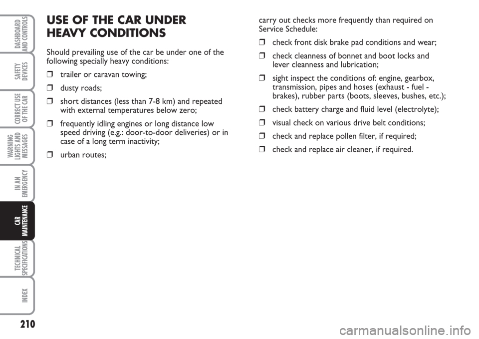 FIAT MULTIPLA 2007 1.G Owners Manual 210
SAFETY
DEVICES
CORRECT USE
OF THE CAR
WARNING
LIGHTS AND
MESSAGES
IN AN
EMERGENCY
TECHNICAL
SPECIFICATIONS
INDEX
DASHBOARD
AND CONTROLS
CAR
MAINTENANCE
USE OF THE CAR UNDER 
HEAVY CONDITIONS
Shoul