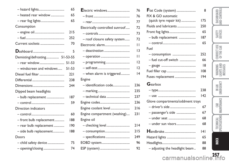 FIAT MULTIPLA 2007 1.G Owners Manual TECHNICAL
SPECIFICATIONS
257
SAFETY
DEVICES
CORRECT USE
OF THE CAR
WARNING
LIGHTS AND
MESSAGES
CAR
MAINTENANCE
INDEX
DASHBOARD
AND CONTROLS
IN AN
EMERGENCY
– hazard lights...........................