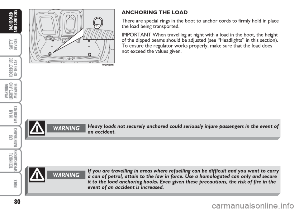 FIAT MULTIPLA 2007 1.G Owners Manual 80
SAFETY
DEVICES
CORRECT USE
OF THE CAR
WARNING
LIGHTS AND
MESSAGES
IN AN
EMERGENCY
CAR
MAINTENANCE
TECHNICAL
SPECIFICATIONS
INDEX
DASHBOARD
AND CONTROLS
ANCHORING THE LOAD 
There are special rings i