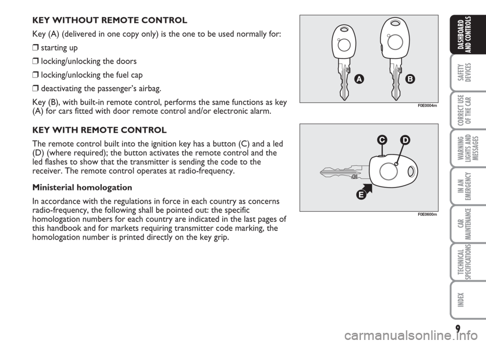 FIAT MULTIPLA 2007 1.G Owners Manual 9
SAFETY
DEVICES
CORRECT USE
OF THE CAR
WARNING
LIGHTS AND
MESSAGES
IN AN
EMERGENCY
CAR
MAINTENANCE
TECHNICAL
SPECIFICATIONS
INDEX
DASHBOARD
AND CONTROLS
KEY WITHOUT REMOTE CONTROL
Key (A) (delivered 