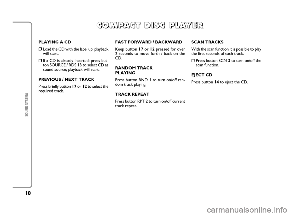 FIAT MULTIPLA 2007 1.G Radio VDO CD Manual 10
SOUND SYSTEM
PLAYING A CD
❒Load the CD with the label up: playback
will start.
❒If a CD is already inserted: press but-
ton SOURCE / RDS 13to select CD as
sound source; playback will start.
PRE