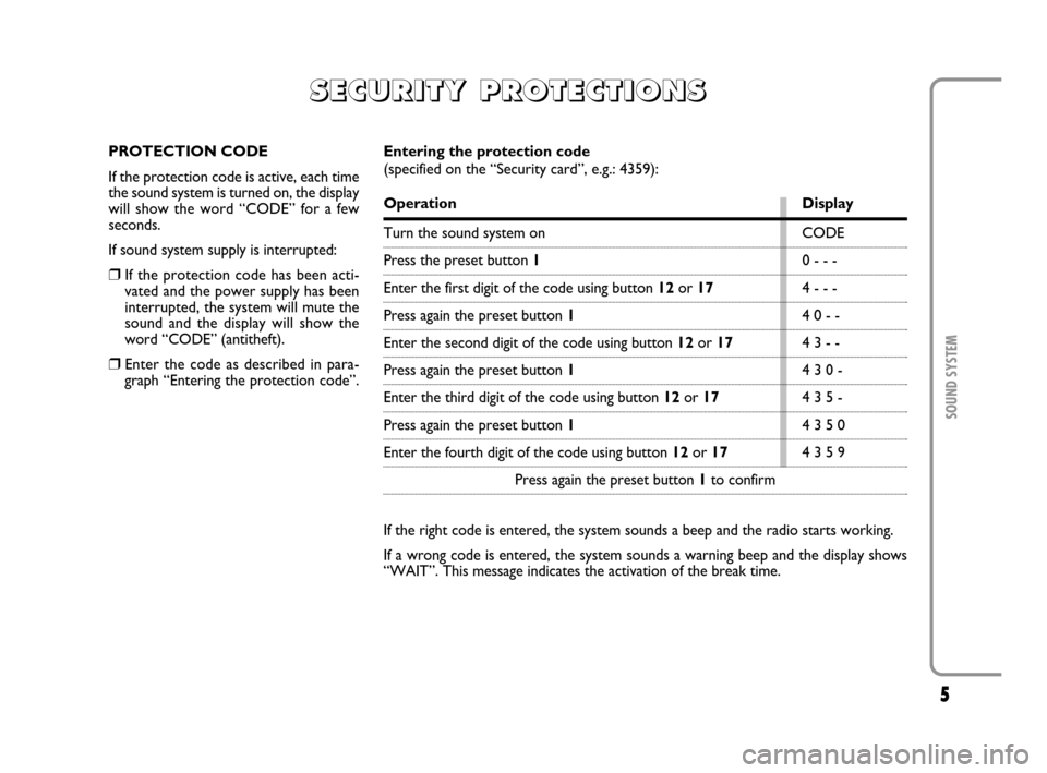 FIAT MULTIPLA 2007 1.G Radio VDO CD Manual 5
SOUND SYSTEM
S S S S
E E E E
C C C C
U U U U
R R R R
I I I I
T T T T
Y Y Y Y
       
P P P P
R R R R
O O O O
T T T T
E E E E
C C C C
T T T T
I I I I
O O O O
N N N N
S S S S
PROTECTION CODE
If the pr