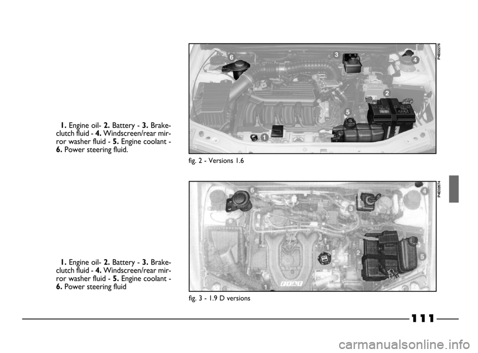 FIAT PALIO 2003 178 / 1.G India Version Owners Manual 111
fig. 3 - 1.9 D versions
P4E02674
1.Engine oil- 2.Battery -3.Brake-
clutch fluid - 
4.Windscreen/rear mir-
ror washer fluid - 
5. Engine coolant -
6.Power steering fluid.
fig. 2 - Versions 1.6
P4E0