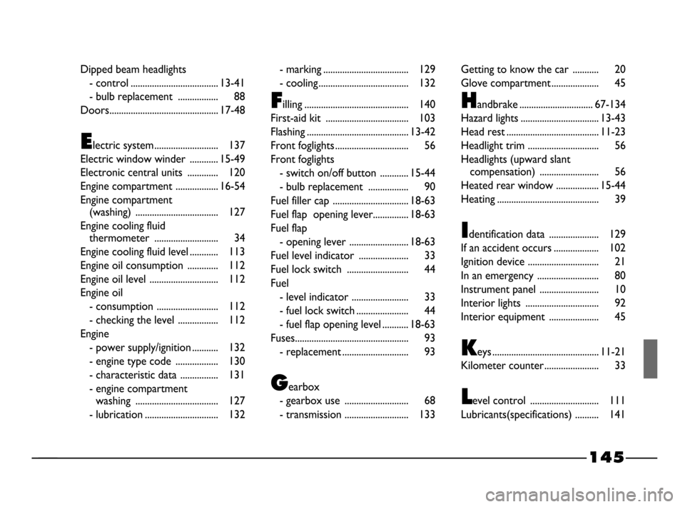 FIAT PALIO 2003 178 / 1.G India Version User Guide 145
Dipped beam headlights
- control ..................................... 13-41
- bulb replacement  ................. 88
Doors.............................................. 17-48
Electric system ....