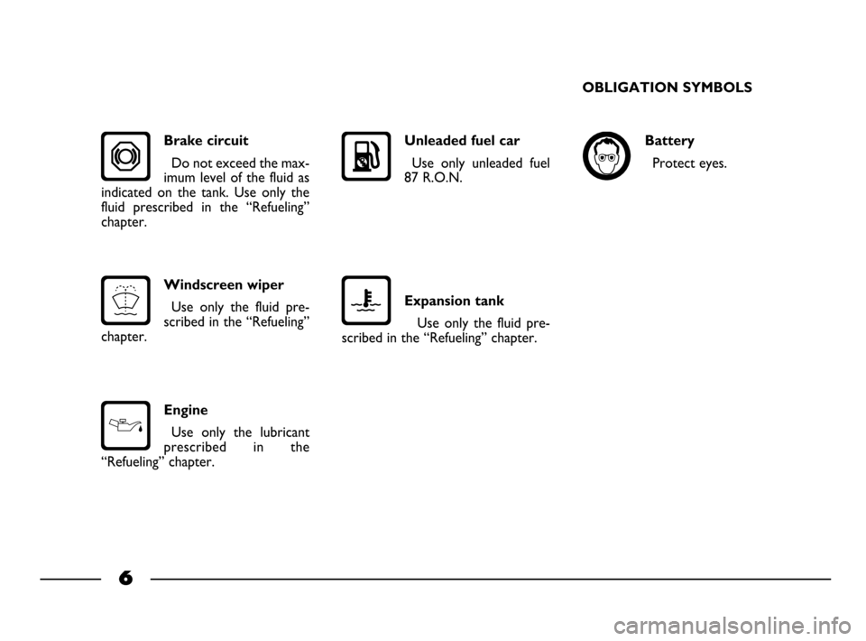 FIAT PALIO 2003 178 / 1.G India Version Owners Manual 6
OBLIGATION SYMBOLS
Battery
Protect eyes.
Battery
Jack
Refer  the  owner
handbook.
Expansion tank
Use  only  the  fluid  pre-
scribed in the “Refueling” chapter.
Engine
Use  only  the  lubricant
