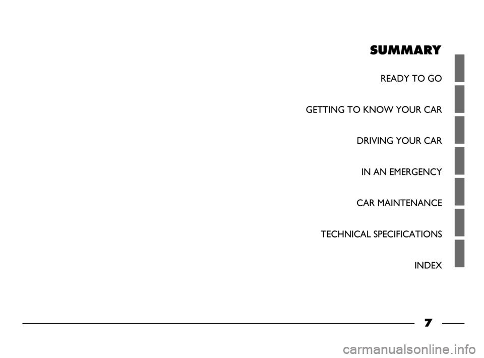 FIAT PALIO 2003 178 / 1.G India Version Owners Manual 7
SUMMARY
READY TO GO
GETTING TO KNOW YOUR CAR
DRIVING YOUR CAR 
IN AN EMERGENCY
CAR MAINTENANCE
TECHNICAL SPECIFICATIONS
INDEX 
1-19  03/03/2003  05:44 PM  Page 7 