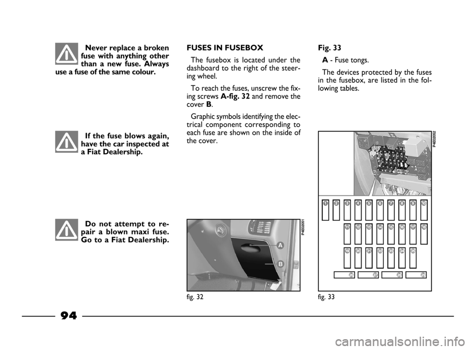 FIAT PALIO 2003 178 / 1.G India Version Owners Manual 94
Fig. 33
A
- Fuse tongs.
The devices protected by the fuses
in the fusebox, are listed in the fol-
lowing tables.
fig. 33
P4E02052
Do not attempt to re-
pair a blown maxi fuse.
Go to FIAT PALIO 2003 178 / 1.G India Version Owners Manual 94
Fig. 33
A
- Fuse tongs.
The devices protected by the fuses
in the fusebox, are listed in the fol-
lowing tables.
fig. 33
P4E02052
Do not attempt to re-
pair a blown maxi fuse.
Go to
