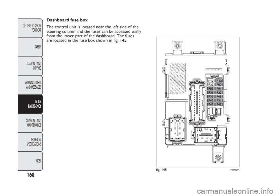 FIAT PANDA 2014 319 / 3.G Owners Manual Dashboard fuse box
The control unit is located near the left side of the
steering column and the fuses can be accessed easily
from the lower part of the dashboard. The fuses
are located in the fuse bo