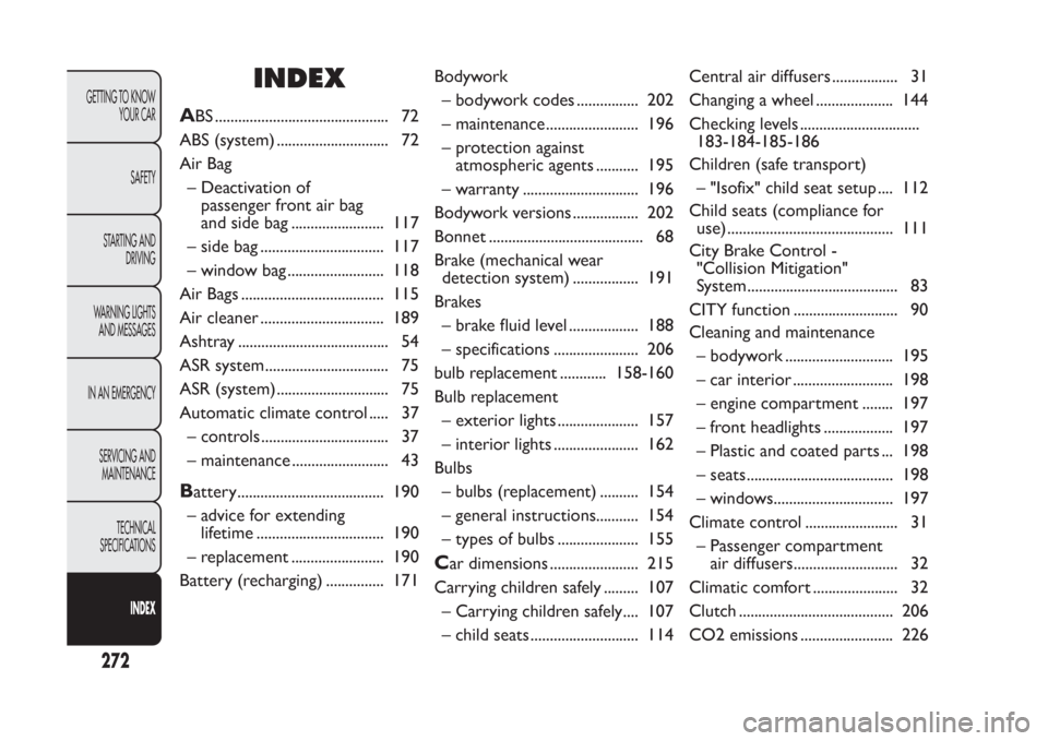 FIAT PANDA 2014 319 / 3.G User Guide INDEX
A
BS ............................................. 72
ABS (system) ............................. 72
Air Bag
– Deactivation of
passenger front air bag
and side bag ........................ 117
FIAT PANDA 2014 319 / 3.G User Guide INDEX
A
BS ............................................. 72
ABS (system) ............................. 72
Air Bag
– Deactivation of
passenger front air bag
and side bag ........................ 117