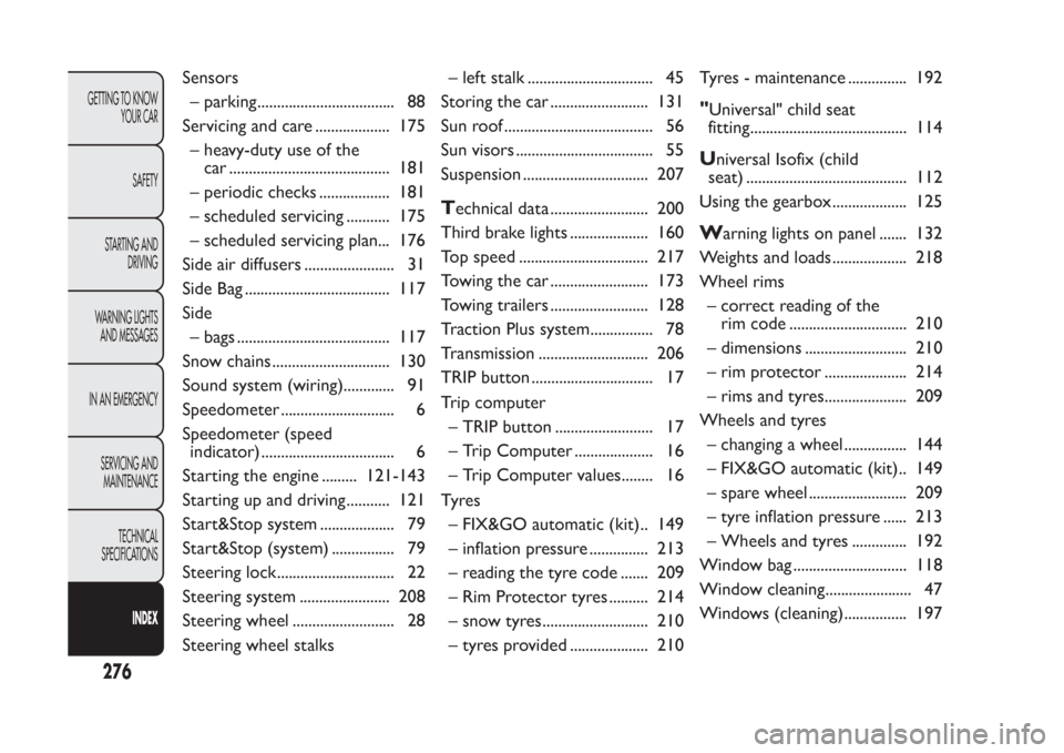 FIAT PANDA 2014 319 / 3.G User Guide Sensors
– parking................................... 88
Servicing and care ................... 175
– heavy-duty use of the
car ......................................... 181
– periodic checks ...