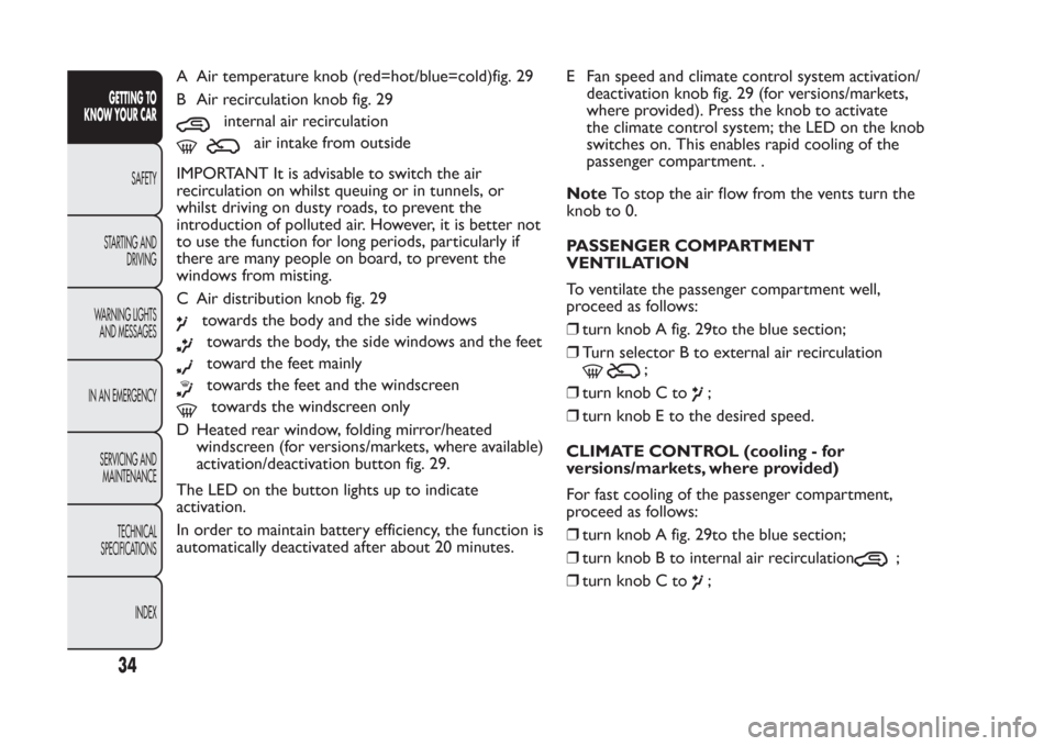 FIAT PANDA 2014 319 / 3.G Owners Manual A Air temperature knob (red=hot/blue=cold)fig. 29
B Air recirculation knob fig. 29
internal air recirculation
air intake from outside
IMPORTANT It is advisable to switch the air
recirculation on whils