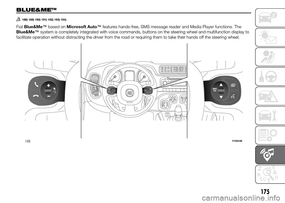 FIAT PANDA 2015 319 / 3.G Owners Manual 175
BLUE&ME™
188) 189) 190) 191) 192) 193) 194).
FiatBlue&Me™based onMicrosoft Auto™features hands-free, SMS message reader and Media Player functions. The
Blue&Me™system is completely integra