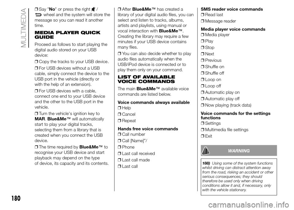 FIAT PANDA 2015 319 / 3.G Owners Manual 180
MULTIMEDIA
❒Say "No" or press the right/
wheel and the system will store the
message so you can read it another
time.
MEDIA PLAYER QUICK
GUIDE
Proceed as follows to start playing the
digital aud FIAT PANDA 2015 319 / 3.G Owners Manual 180
MULTIMEDIA
❒Say "No" or press the right/
wheel and the system will store the
message so you can read it another
time.
MEDIA PLAYER QUICK
GUIDE
Proceed as follows to start playing the
digital aud