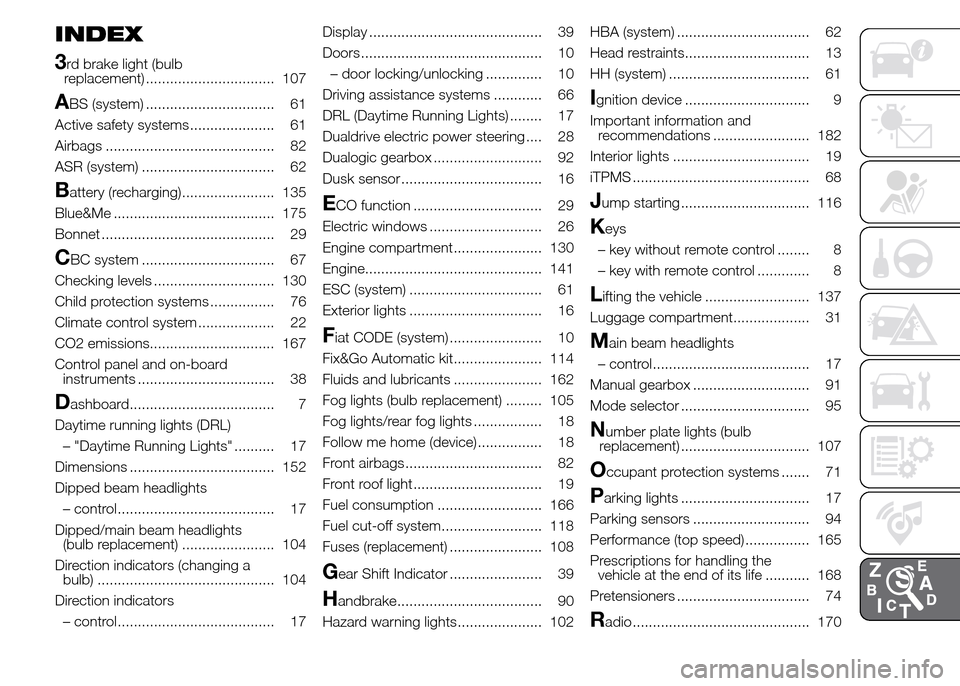 FIAT PANDA 2015 319 / 3.G Owners Manual INDEX
3
rd brake light (bulb
replacement) ................................ 107
ABS (system) ................................ 61
Active safety systems ..................... 61
Airbags .................