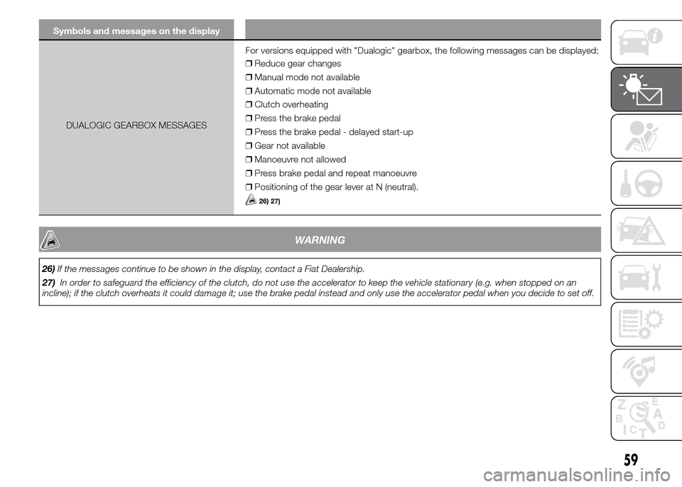 FIAT PANDA 2015 319 / 3.G Repair Manual Symbols and messages on the display
DUALOGIC GEARBOX MESSAGESFor versions equipped with "Dualogic" gearbox, the following messages can be displayed:
❒Reduce gear changes
❒Manual mode not available FIAT PANDA 2015 319 / 3.G Repair Manual Symbols and messages on the display
DUALOGIC GEARBOX MESSAGESFor versions equipped with "Dualogic" gearbox, the following messages can be displayed:
❒Reduce gear changes
❒Manual mode not available