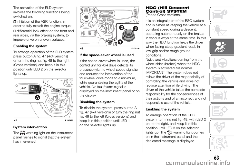 FIAT PANDA 2015 319 / 3.G Repair Manual The activation of the ELD system
involves the following functions being
switched on:
❒inhibition of the ASR function, in
order to fully exploit the engine torque;
❒differential lock effect on the 