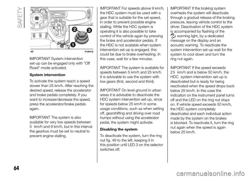 FIAT PANDA 2015 319 / 3.G Repair Manual IMPORTANT System intervention
set-up can be engaged only with "Off
Road" mode activated.
System intervention
To activate the system reach a speed
slower than 25 km/h. After reaching the
desired speed, FIAT PANDA 2015 319 / 3.G Repair Manual IMPORTANT System intervention
set-up can be engaged only with "Off
Road" mode activated.
System intervention
To activate the system reach a speed
slower than 25 km/h. After reaching the
desired speed,