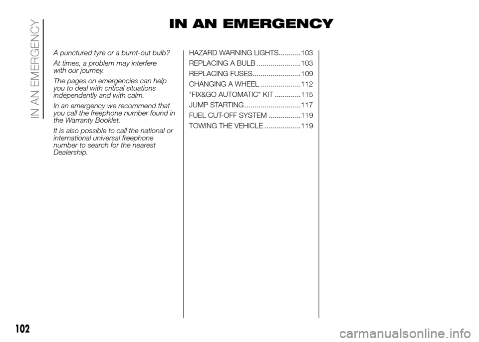 FIAT PANDA 2016 319 / 3.G Owners Manual IN AN EMERGENCY
A punctured tyre or a burnt-out bulb?
At times, a problem may interfere
with our journey.
The pages on emergencies can help
you to deal with critical situations
independently and with 