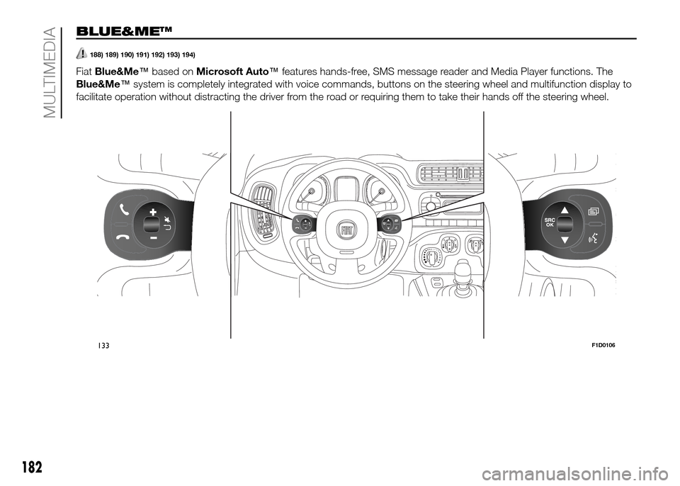 FIAT PANDA 2016 319 / 3.G Owners Manual BLUE&ME™
188) 189) 190) 191) 192) 193) 194).
FiatBlue&Me™based onMicrosoft Auto™features hands-free, SMS message reader and Media Player functions. The
Blue&Me™system is completely integrated 