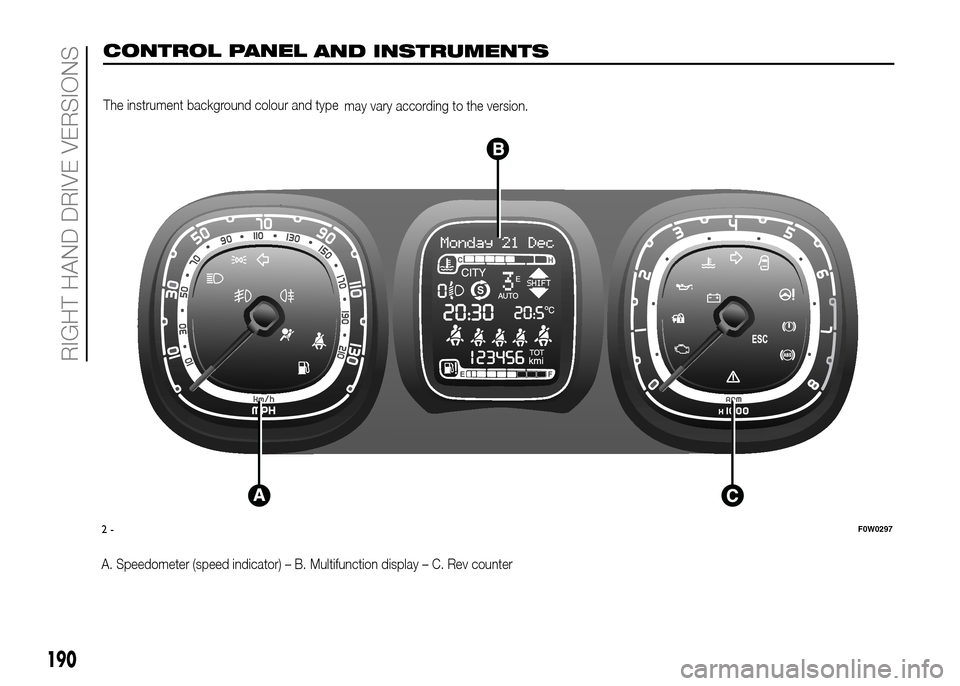 FIAT PANDA 2016 319 / 3.G Owners Manual 190
RIGHT HAND DRIVE VERSIONS
CONTROL PANEL
AND INSTRUMENTS
The instrument background colour and type
may vary according to the version.
.
A. Speedometer (speed indicator) – B. Multifunction display