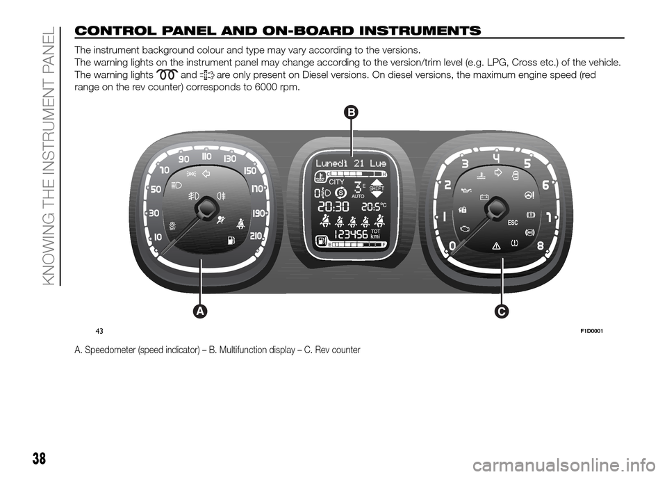 FIAT PANDA 2016 319 / 3.G Owners Manual CONTROL PANEL AND ON-BOARD INSTRUMENTS.
The instrument background colour and type may vary according to the versions.
The warning lights on the instrument panel may change according to the version/tri