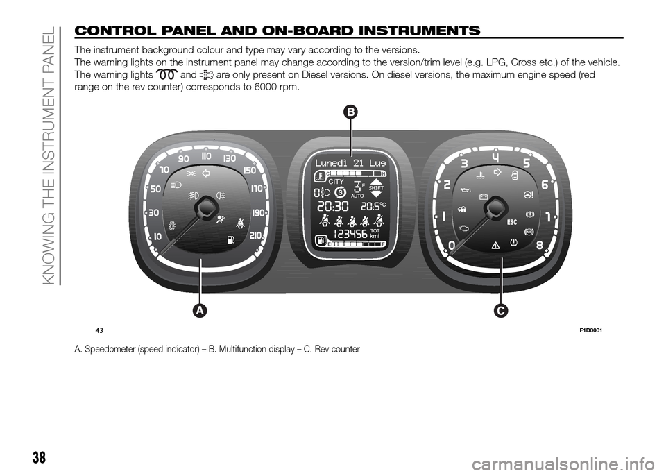 FIAT PANDA 2016 319 / 3.G Owners Guide CONTROL PANEL AND ON-BOARD INSTRUMENTS.
The instrument background colour and type may vary according to the versions.
The warning lights on the instrument panel may change according to the version/tri