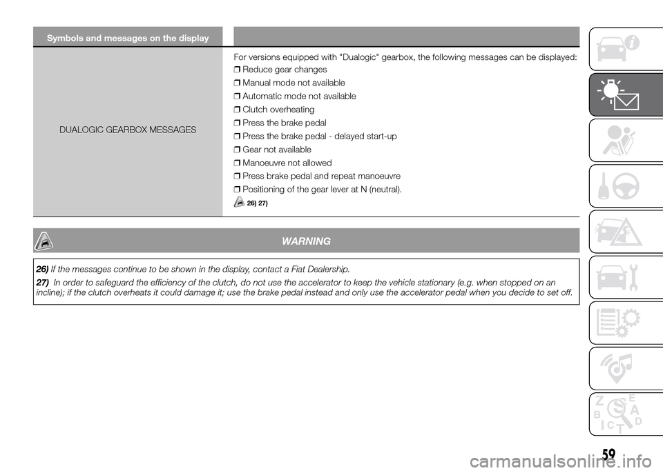 FIAT PANDA 2016 319 / 3.G Owners Manual Symbols and messages on the display
DUALOGIC GEARBOX MESSAGESFor versions equipped with "Dualogic" gearbox, the following messages can be displayed:
❒Reduce gear changes
❒Manual mode not available FIAT PANDA 2016 319 / 3.G Owners Manual Symbols and messages on the display
DUALOGIC GEARBOX MESSAGESFor versions equipped with "Dualogic" gearbox, the following messages can be displayed:
❒Reduce gear changes
❒Manual mode not available