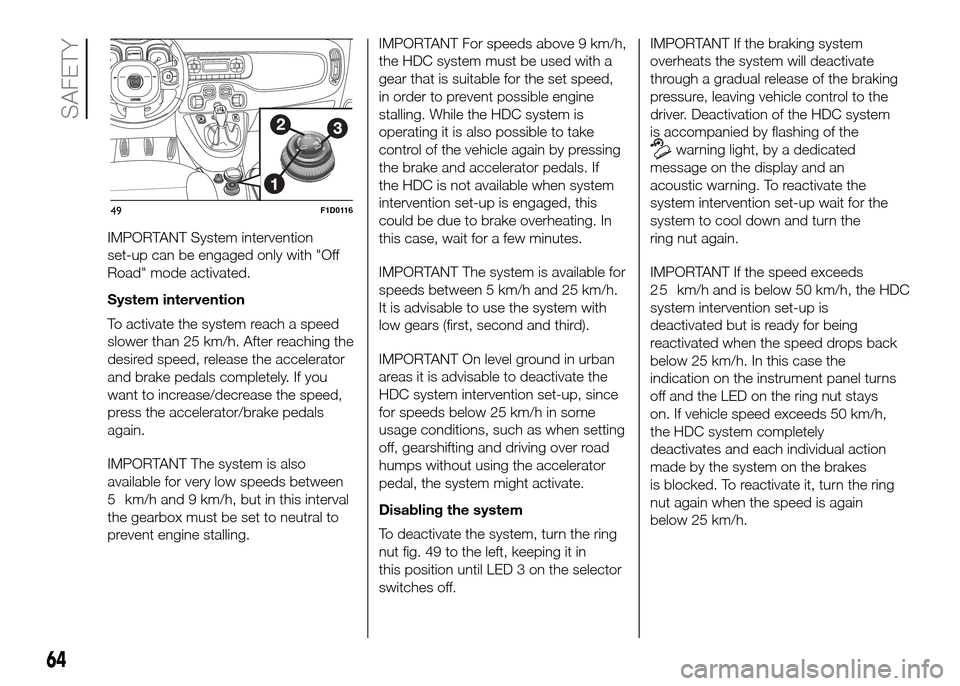 FIAT PANDA 2016 319 / 3.G Repair Manual IMPORTANT System intervention
set-up can be engaged only with "Off
Road" mode activated.
System intervention
To activate the system reach a speed
slower than 25 km/h. After reaching the
desired speed, FIAT PANDA 2016 319 / 3.G Repair Manual IMPORTANT System intervention
set-up can be engaged only with "Off
Road" mode activated.
System intervention
To activate the system reach a speed
slower than 25 km/h. After reaching the
desired speed,
