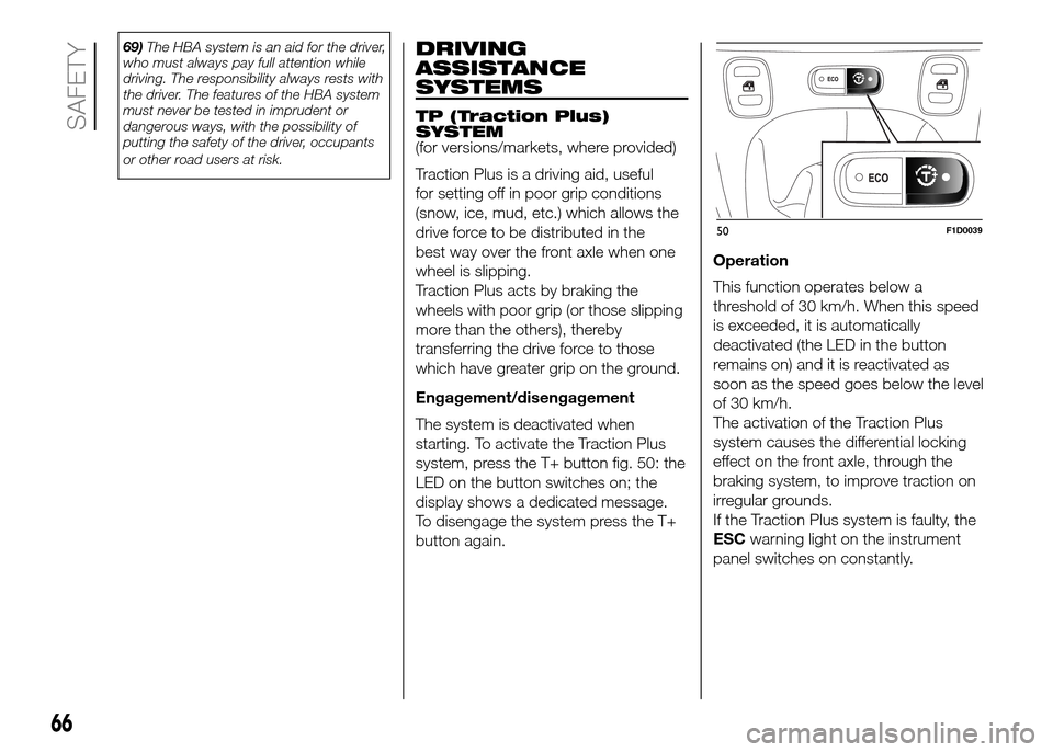 FIAT PANDA 2016 319 / 3.G Owners Manual 69)The HBA system is an aid for the driver,
who must always pay full attention while
driving. The responsibility always rests with
the driver. The features of the HBA system
must never be tested in im