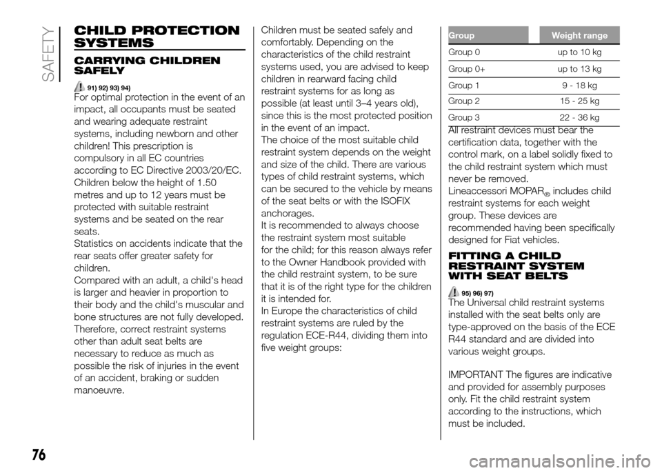 FIAT PANDA 2016 319 / 3.G Owners Manual CHILD PROTECTION
SYSTEMS
CARRYING CHILDREN
SAFELY
91) 92) 93) 94)For optimal protection in the event of an
impact, all occupants must be seated
and wearing adequate restraint
systems, including newbor