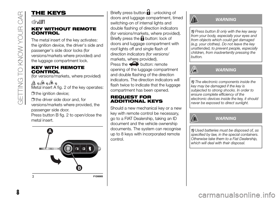 FIAT PANDA 2016 319 / 3.G Owners Manual THE KEYS
KEY WITHOUT REMOTE
CONTROL
The metal insert of the key activates:
the ignition device, the drivers side and
passengers side door locks (for
versions/markets where provided) and
the luggage FIAT PANDA 2016 319 / 3.G Owners Manual THE KEYS
KEY WITHOUT REMOTE
CONTROL
The metal insert of the key activates:
the ignition device, the drivers side and
passengers side door locks (for
versions/markets where provided) and
the luggage