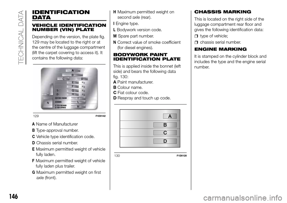 FIAT PANDA 2017 319 / 3.G Owners Manual IDENTIFICATION
DATA
VEHICLE IDENTIFICATION
NUMBER (VIN) PLATE
Depending on the version, the plate fig.
129 may be located to the right or at
the centre of the luggage compartment
(lift the carpet cove FIAT PANDA 2017 319 / 3.G Owners Manual IDENTIFICATION
DATA
VEHICLE IDENTIFICATION
NUMBER (VIN) PLATE
Depending on the version, the plate fig.
129 may be located to the right or at
the centre of the luggage compartment
(lift the carpet cove