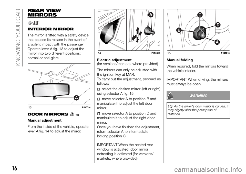 FIAT PANDA 2017 319 / 3.G User Guide REAR VIEW
MIRRORS
INTERIOR MIRROR
The mirror is fitted with a safety device
that causes its release in the event of
a violent impact with the passenger.
Operate lever A fig. 13 to adjust the
mirror in