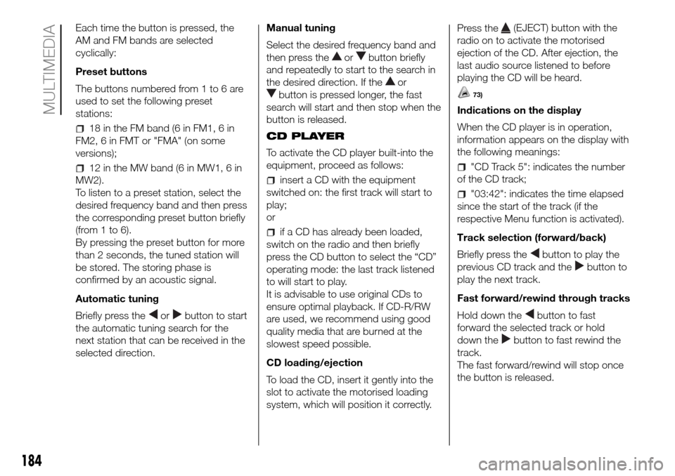 FIAT PANDA 2017 319 / 3.G Owners Manual Each time the button is pressed, the
AM and FM bands are selected
cyclically:
Preset buttons
The buttons numbered from 1 to 6 are
used to set the following preset
stations:
18 in the FM band (6 in FM1